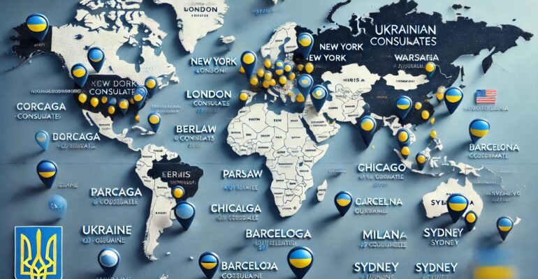 Інтерактивна карта з позначеними консульствами України у різних країнах світу